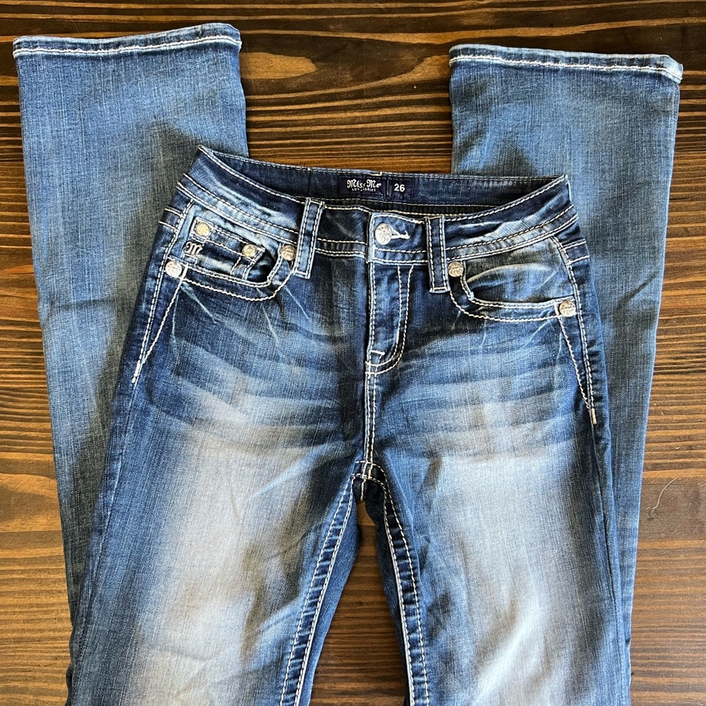 Miss Me Women's Boot Cut Jeans in Distressed Blue Wash